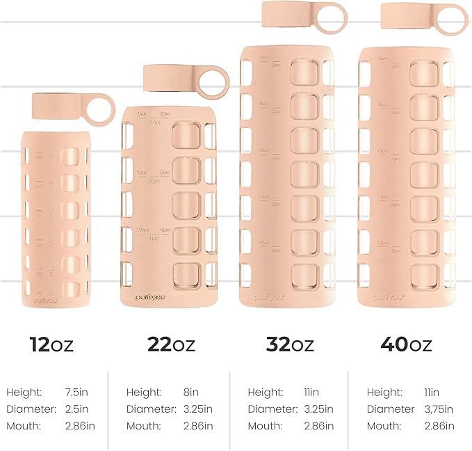 purifyou Premium 40/32 / 22/12 oz Glass Water Bottles with Volume & Times to Drink, Silicone Sleeve & Stainless Steel Lid Insert, Reusable Bottle for Fridge Water, Milk, Juice (12oz Hazelnut)