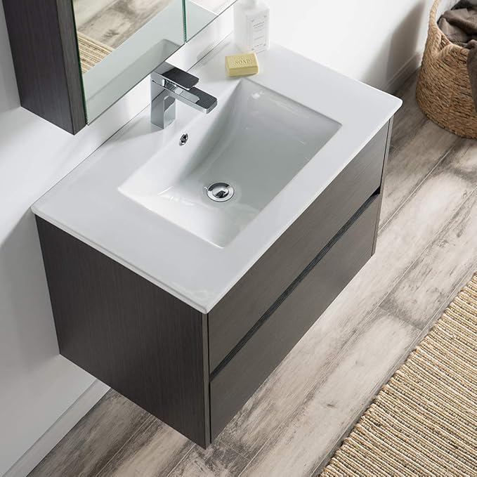 Blossom Single Bathroom Vanity with Ceramic Sink and Mirror Medicine Cabinet | All Wood Floating Vanity Cabinet | 2 Soft-Closing U-Shaped Cutout Drawers | 30 inch, Silver Grey