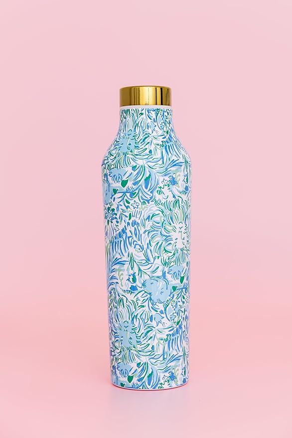 Lilly Pulitzer Stainless Steel Water Bottle, 18 Oz Metal Water Bottle, Pink Double Wall Insulated Tumbler with Lid, Dandy Lions
