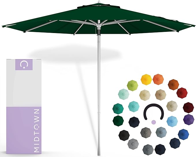 Midtown Umbrellas Push Pop Sunbrella Umbrella 8 Feet Outdoor Umbrella in Forrest Green Acrylic Fabric - Patio, Backyard, Garden, Picnic Table & Pool - Black Pole