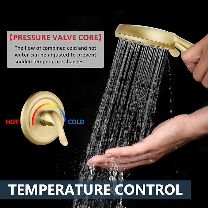 Aolemi Shower Faucet Set Rain Shower Head System Shower Trim Kit Pressure Rough-in Valve Included ABS 8 Setting Dual Shower Head and Handheld Spray Brushed Gold