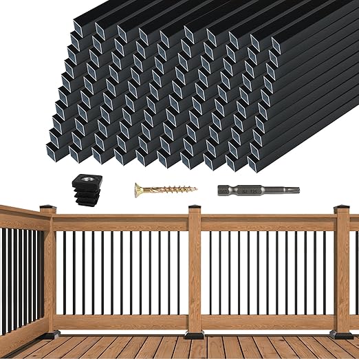 Muzata 100Pack 32" x3/4" Aluminum Deck Balusters Square Baluster Deck Railing Black Hollow Spindles with Screws for Railing Fencing Porch WT26