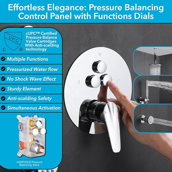 VANFOXLE Shower Faucet Set Chrome Shower System,Push Button Diverter Shower Faucet with 2 in 1 Handheld,Ceiling Mount 10 Inch Shower Head with 4 PCS Dual Modes Body Jets(2 Inch)