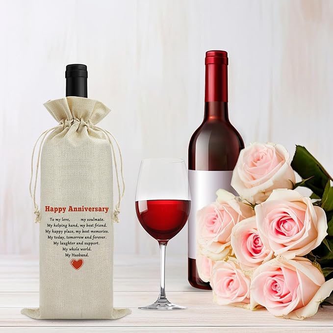 Happy Anniversary Wine Bags Friendship Anniversary for Couples Men Friends Drawstring Wine Wrapping Bag Anniversary Party Decorations Anniversary Marriage Gift for Husband Burlap Wine Gift Bag
