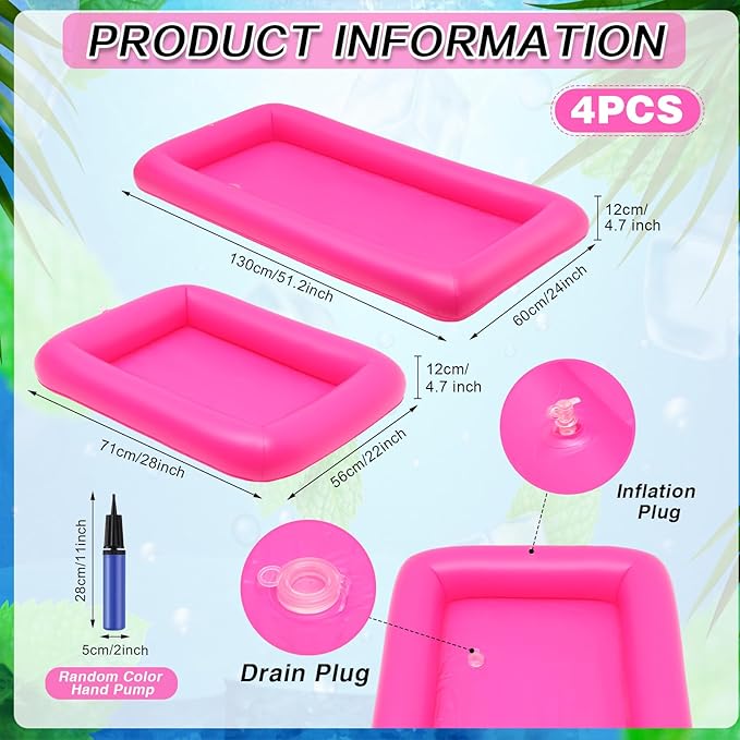 Leitee 4 Pcs Inflatable Ice Serving Bars Buffet Serving Tray Drink Cooler for Pool Party Inflatable Ice Tray Floating Food Drink Containers with Drain Plug and a Hand Pump, 2 Sizes (Pink)