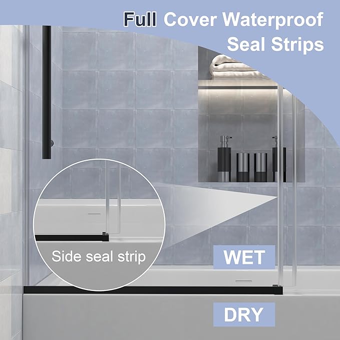 KPUY Bathtub Shower Door, 56-60" W x 58" H Sliding Shower Door for Bathtub, 1/4" (6mm) Thick Tempered Clear Glass with Explosion-Proof Film Nano Coating in Matte Black Finish