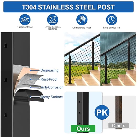 Black Stair Cable Railing Post 35" for 25-35 Degrees Stair, 2 Pack Stainless Steel Adjustable Surface Mount Cable Railing System Kit with Grommets, Indoor & Outdoor(MY08-S)