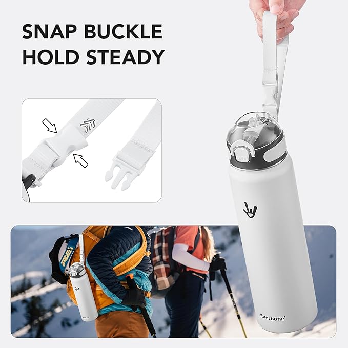 Enerbone Insulated Water Bottle, 32 oz Stainless Steel Water Bottles with Carrying Strap, Double-Wall Vacuum Insulation Thermos, Leakproof Sports Bottle with Straw, Keep Drinks Hot or Cold for Hours