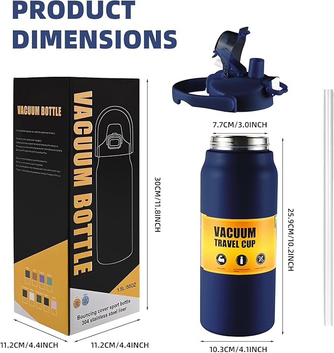 50oz/1.5L Insulated Sports Water Bottle, Stainless Steel Double Wall Water Jug with Handle, 2-in-1 Chug Spout and Straw Lid with Lock Cover for School, Outdoor, Sports & Travel, Navy Blue