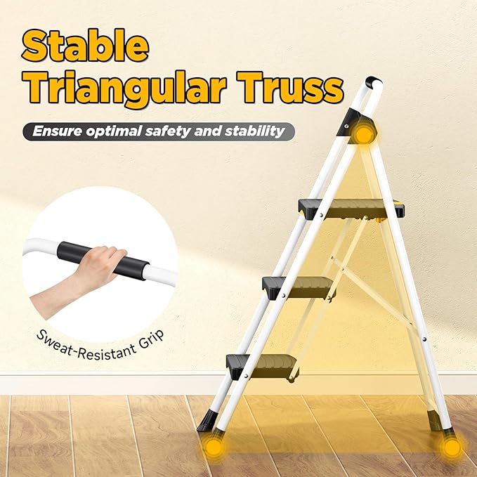 3 Step Ladder, Folding Steel Step Stool with Safety Lock, Anti-Slip Wide Pedals, Pass 800lbs Load Testing, Handrail, Heavy Duty Portable Ladder for Multi-Purpose, Indoor, Office, Kitchen