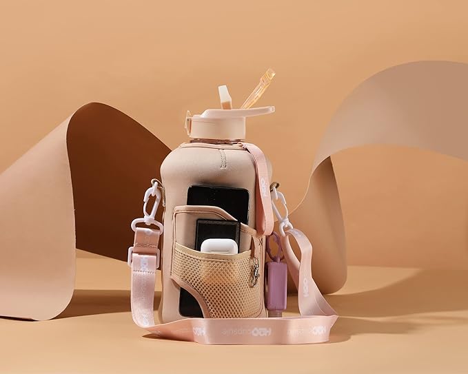 H2O Capsule 2.2L Half Gallon Water Bottle with Storage Sleeve and Removable Straw – BPA Free Large Reusable Drink Container with Handle - Big Sports Jug, 2.2 Liter (74 Ounce), Sandy Beige