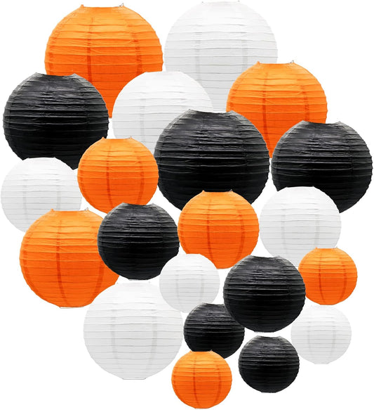 ADLKGG Paper Lanterns Party Decorations, Orange Black White Round Hanging Lanterns for Graduation Halloween Thanksgiving Birthday Party Decorations, 21pcs
