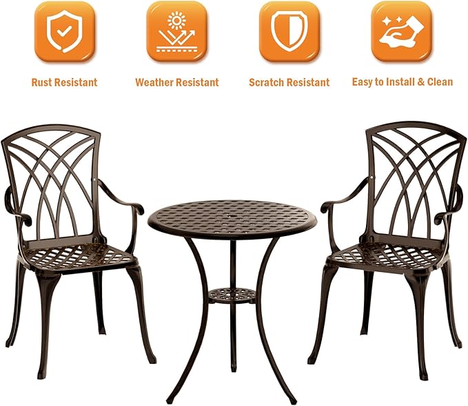 Patio Bistro Set 3 Piece, Cast Aluminum Bistro Set for 2 w/Umbrella Hole, Outdoor Table and Chairs Set of 2, Bistro Set for Balcony/Backyard/Garden, Bronze