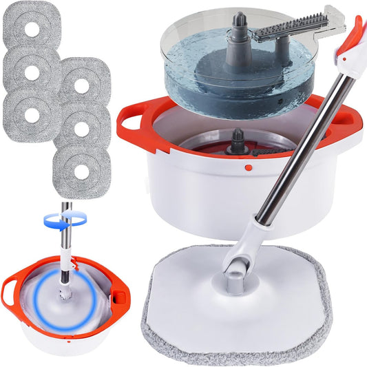 Spin Mop and Bucket Set with Separate Dirty and Clean Water,360° Spin Mop and Bucket System with Widening Foldable Handle,6 Replaceable Mop Pads,Square Mop for Floor Hardwood Wall Cleaning(White)