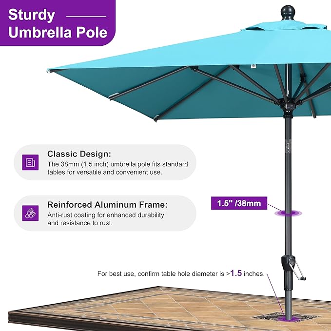 PURPLE LEAF 6.5' x 6.5' Square Patio Umbrella Outdoor Table Umbrella Aluminum Frame Market Umbrella Sun Umbrella with 8 Sturdy Ribs Tilt for Garden Deck Lawn Pool Light Turquoise Blue