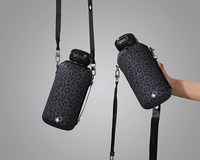 H2O Capsule Half Gallon Insulated Water Bottle With Straw - Stainless Steel Thermos Water Bottle With Sipping/Chugging Lid & Shoulder Strap For Storage - 64 oz Vacuum Flask, Hot Cold (Black Leopard)