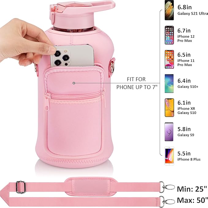 Fimibuke Half Gallon Water Bottle with Sleeve 64 OZ Water Bottle with Handle & Straw Leakproof Motivational Sports Gym Water Bottle with Time Marker BPA Free Water Jug with Reusable Neoprene Holder