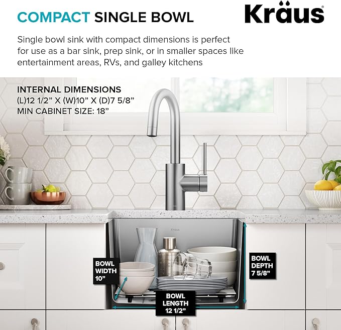 KRAUS Fairlane 15-inch Undermount Single Bowl 18-Gauge Stainless Steel Kitchen Bar Sink, KHU631-15