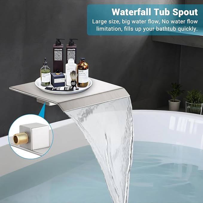 Rain Shower Faucet Set Wall Mounted Rainfall with Tub Spout Shower Head System Rough-in Valve Body and Trim Included Brush Nickel (10 Inches)