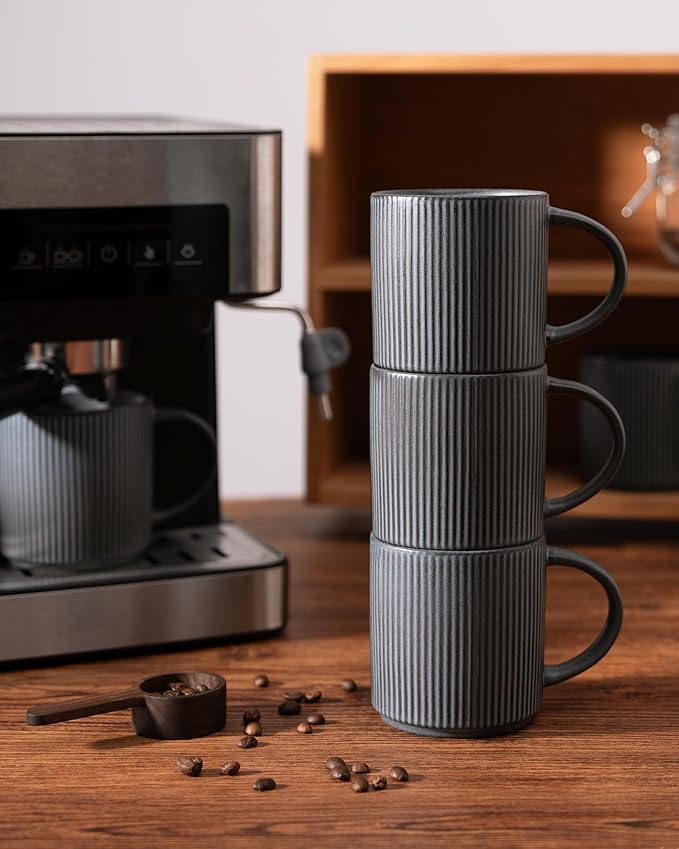 famiware Coffee Mug Set for 6, Star 12 oz Catering Mugs Cup Set with Handle for Coffee, Tea, Cocoa, Milk - Ceramic Stoneware Drinkware Set, Matte Dark Charcoal