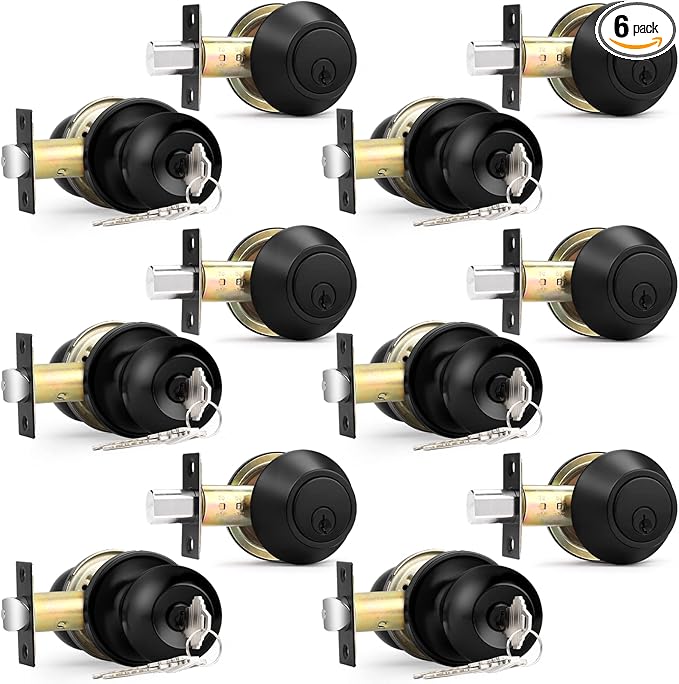 Probrico Front Door Keyed Entry Knobs and Single Cylinder Deadbolt Combo Sets, Flat Black, Keyed Alike Locksets,6 Pack
