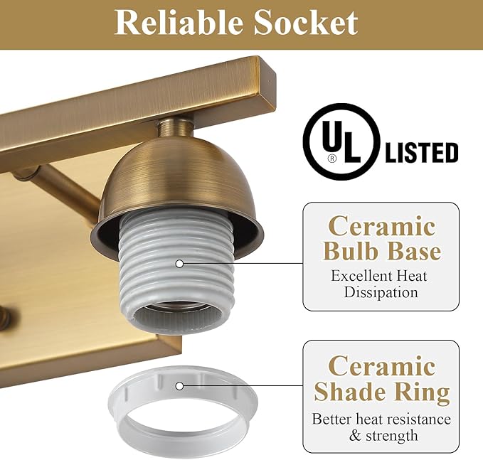 Stainless Steel Milk Glass Vanity Lights for Bathroom, 2 Light Brass Bathroom Light Fixtures Over Mirror, Ceramic E26 Sockets Wall Mounted