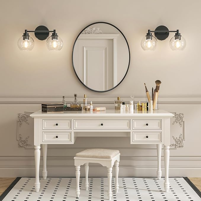 VONLUCE Bathroom Light Fixtures, 2-Light Bathroom Vanity Light with Globe Glass Shades E26 Sockets, Vanity Lights for Bedroom Hallway Living Room, Black Finish