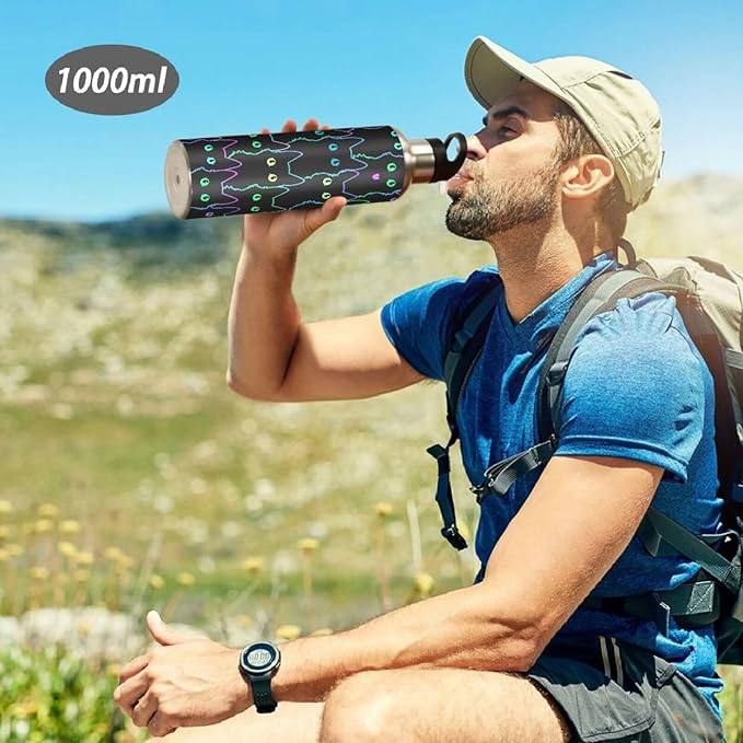 senya 34 Oz Water Bottle with Straw Colorful Neon Cat Stainless Steel Water Bottle for Traveling Sports Leakproof Insulated Water Bottle