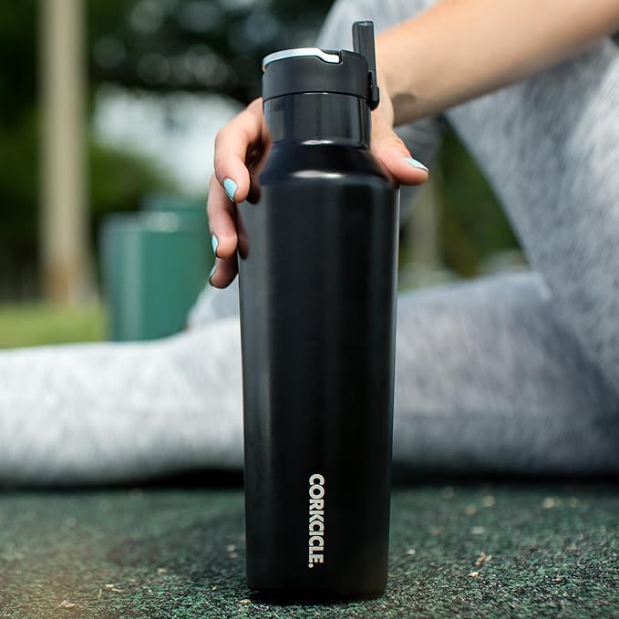 Corkcicle Insulated Canteen Travel Water Bottle, Triple Insulated Stainless Steel, Easy Grip Straw Mouth, Keeps Beverages Cold for 25 Hours or Warm for 12 Hours, 20oz, Gloss Black