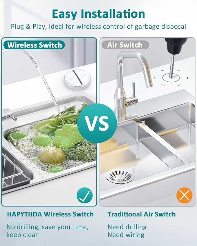 Garbage Disposal Button,Air Switch Garbage Disposal with No Wiring Needed,Garbage Disposal Button with 15A/1500W/4000V Anti-Surge for 500ft RF Range Magnetic Base Smart Plugs