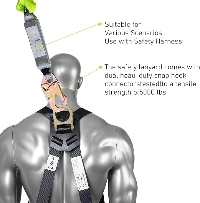 6FT Double Leg Internal Shock Absorbing Safety Fall Protection Lanyard with Dual Rebar & Snap Hook |Heavy-Duty Webbing | Roofer, Construction, Scaffolding | OSHA & ANSI Rated (A-Shock Absorbing)