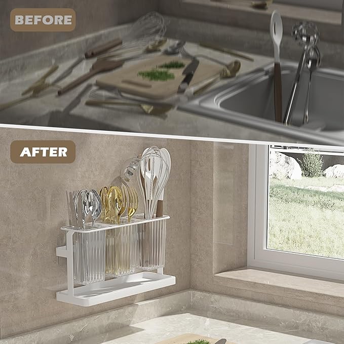 bukfen Utensil Holder Kitchen Utensil Holder for Countertop, 11.42"x3.74"x6.3"-Large Cooking Utensil Crocks for Kitchen Counter Modern Utensil Organizer for Spatula Cooking Utensil Organizer,White