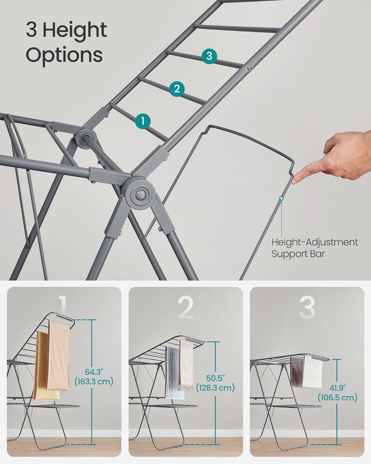 SONGMICS Clothes Drying Rack, Foldable 2-Level Laundry Drying Rack, Free-Standing Laundry Airer, with Height-Adjustable Wings, 33 Drying Rails, Sock Clips, Gray ULLR053G02V1