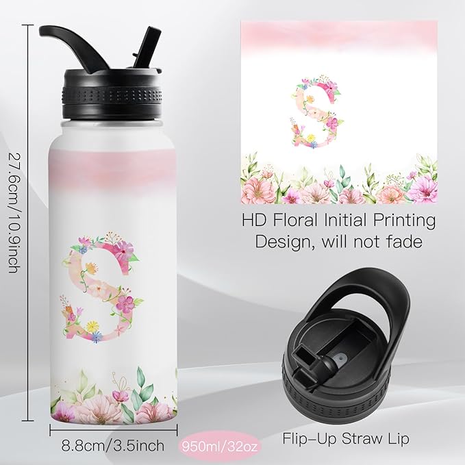Personalized 32oz Water Bottle with Straw Customized Initial Letter Sport Bottles Monogrammed Initial Insulated Bottle Coffee Mug for Travel (S)
