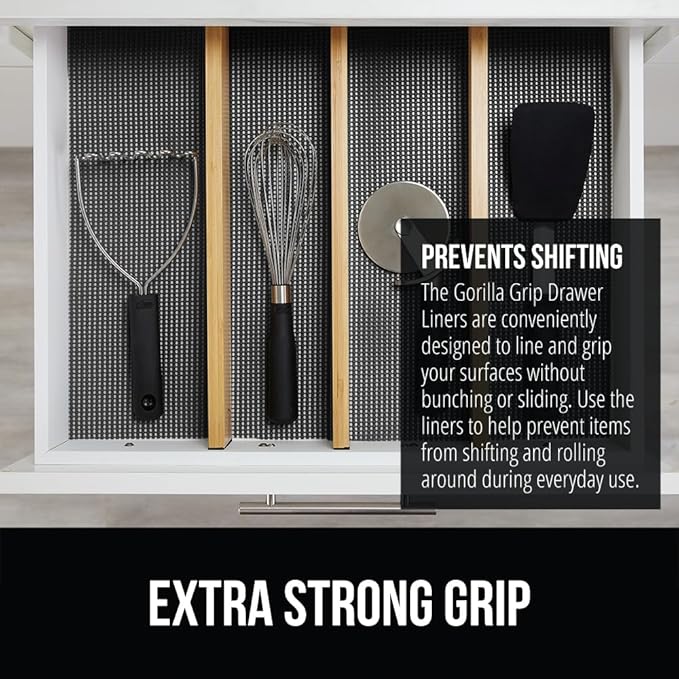 Gorilla Grip powerGRIP Drawer Shelf and Cabinet Liner, Thick Strong Hold, Non-Adhesive Liners Protect Kitchen Cabinets and Cupboard, Bathroom Drawers, Easy Install, Breathable Mat, 12" x30', Charcoal