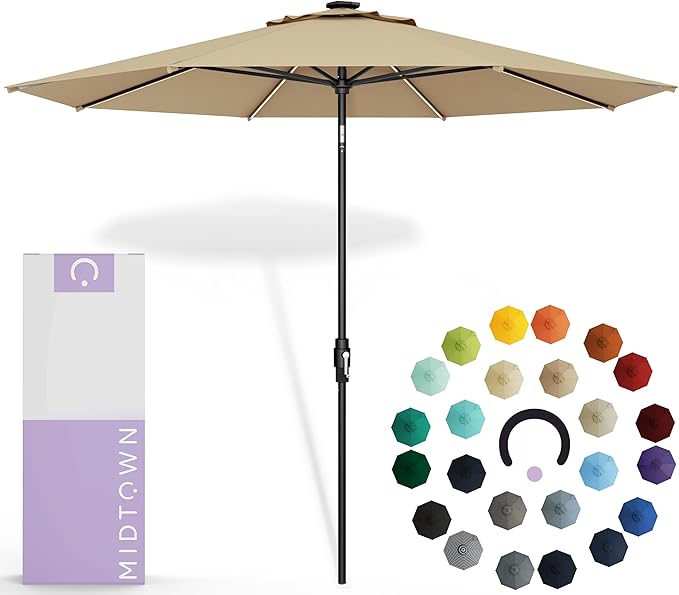 Midtown Umbrellas The LED Swilt 10 Feet Patio Umbrella With Sunbrella Heather Tan Acrylic Fabric - Auto-Tilt Aluminum Frame With LED Lights For Backyard, Deck, Garden, Pool - Black Pole