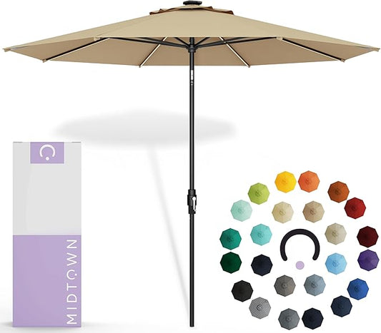 Midtown Umbrellas The LED Swilt 10 Feet Patio Umbrella With Sunbrella Heather Tan Acrylic Fabric - Auto-Tilt Aluminum Frame With LED Lights For Backyard, Deck, Garden, Pool - Black Pole