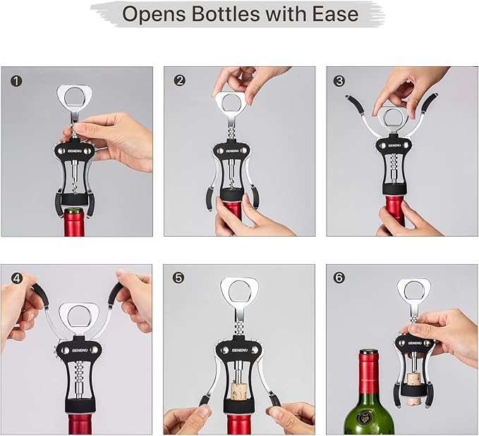 Wine Opener, Zinc Alloy Premium Wing Corkscrew Wine Bottle Opener with Multifunctional Bottles Opener, Sharp Corkscrew with Ergonomic Non-slip Wing Handle, Upgrade Black