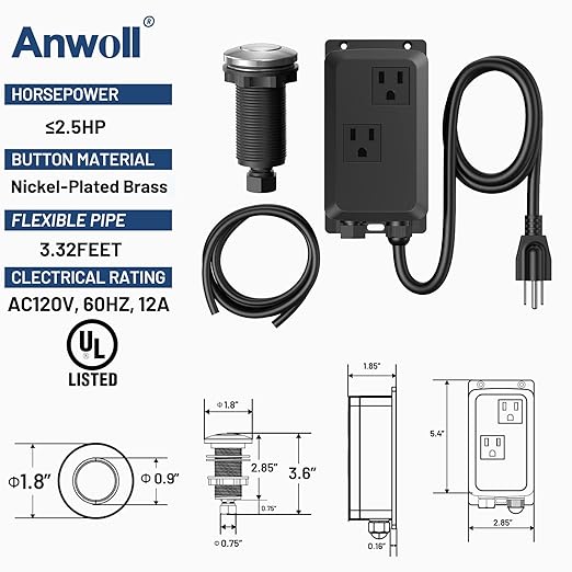 Garbage Disposal Air Switch Kit -Professional- Dual Outlet, Sink Top Waste Disposer On/Off, Garbage Disposal Button, UL Listed
