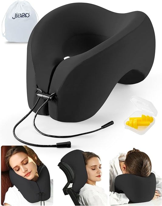 Neck Pillow Airplane, Memory Foam 2-in-1 Travel Pillow for Long Flight Essentials, Earplugs and Storage Bag, U-Shaped Hump Napping Pillow for Planes, Trains, Self-Driving Cars