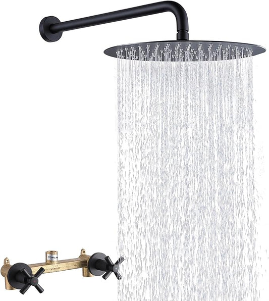 2 Handles Shower with 10'' Rainfall Shower Head,Single Function Shower Trim Kit with Rough-in Valve,Wall Mount,Matte Black