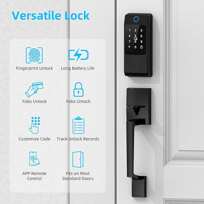 WiFi Front Door Lock Set with Handle, Featuring Fingerprint Keyless Entry, Smart Keypad with Lever Handles, Electronic Screen + WiFi Gateway, App Control, Auto-Lock, and Voice Control