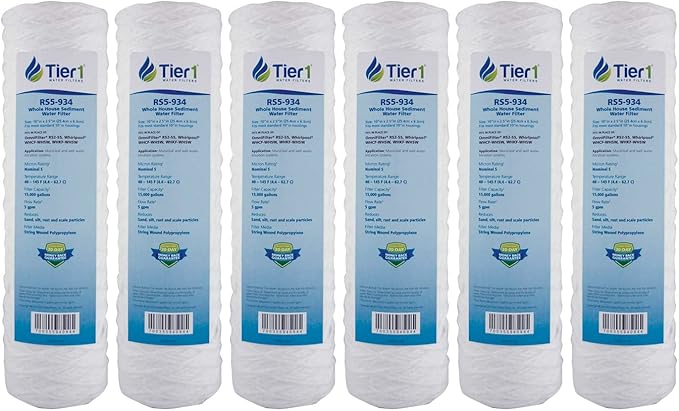 Tier1 5 Micron 10 Inch x 2.5 Inch | 6-Pack String Wound Polypropylene Whole House Sediment Water Filter Replacement Cartridge | Compatible with OmniFilter RS2-SS, Pentek WP-5, WHCF-WHSW