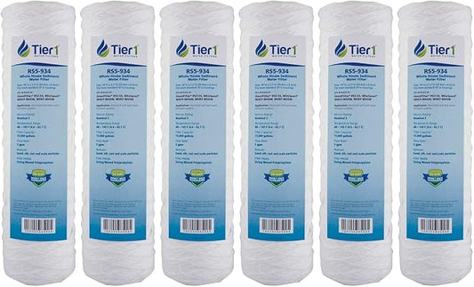 Tier1 5 Micron 10 Inch x 2.5 Inch | 6-Pack String Wound Polypropylene Whole House Sediment Water Filter Replacement Cartridge | Compatible with OmniFilter RS2-SS, Pentek WP-5, WHCF-WHSW