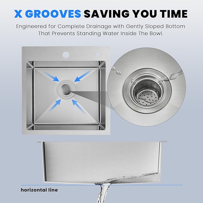 POPFLY 18 Inch Drop In Kitchen Sink, 304 Stainless Steel Top mount Handmade Single Bowl Kitchen Sink 9 Inches Deep Bar Prep Sink, Brushed Nickel（18×18×9）