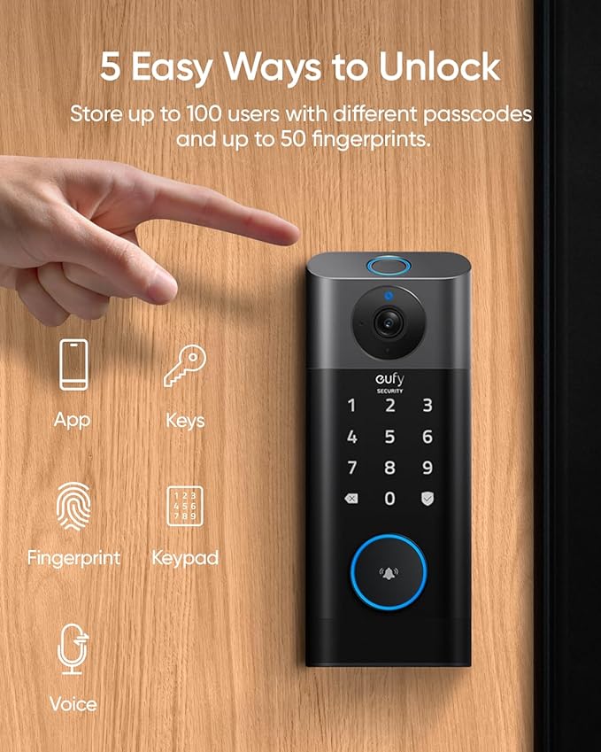 eufy Security Video Smart Lock S330, 3-in-1 Camera+Doorbell+Fingerprint Keyless Entry Door Lock, Smart Wi-Fi Deadbolt for Front Door, App Remote Control, SD Card Required, Chime Included
