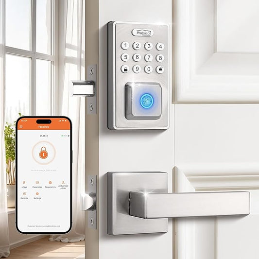 Probrico Keyless Entry Door Lock Smart Locks for Front Door, Keypad Door Lock with Handle Fingerprint Deadbolt with Handle Set, Satin Nickel Smart Deadbolt