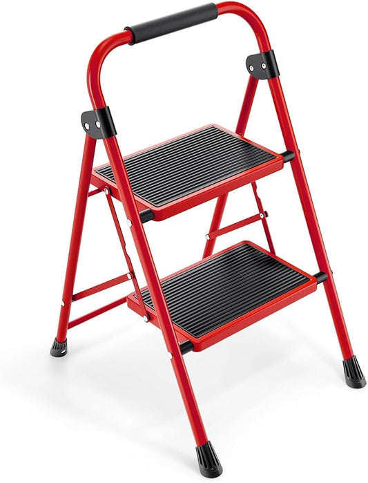 KINGRACK 2 Step Ladder, 2 Step Folding,Kitchen Ladder with Anti-Slip and Wide Pedal,Small Step Ladder with Handrails,Lightweight Portable Step Ladder for Kitchen Household,Red