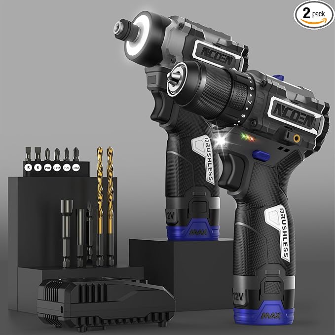 12V Cordless Drill and Impact Driver Power Tool Kits Combinados with 2 Batteries and Fast Charger (3/8"Drill & 1/4"Hex Impact Driver) for Home Installation,DIY tools