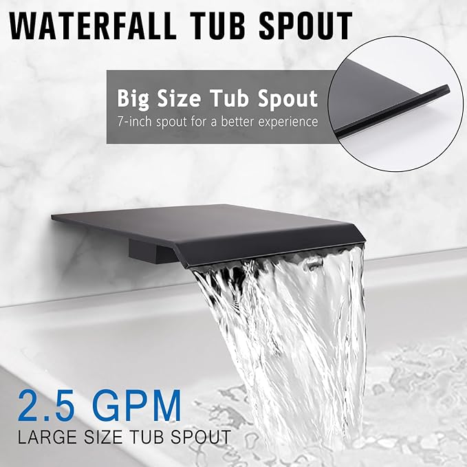 12 Inch Rainfall Shower System with Tub Spout Wall Mounted Complete Combo with Solid Brass Pressure Balancing Valve, High Pressure Shower Head, Handle Set & Installation Accessories Matte Black